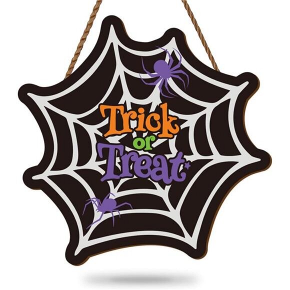 Halloween Spider Web Door Sign Trick or Treat Wooden Hanging Sign - Picture 1 of 8